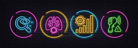 Illustration for Coronavirus lungs, Coronavirus statistics and Vision test minimal line icons. Neon laser 3d lights. Electronic thermometer icons. For web, application, printing. Vector - Royalty Free Image