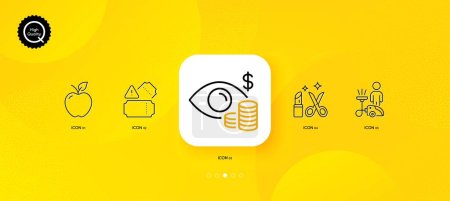 Illustration for Beauty, Business vision and Tickets minimal line icons. Yellow abstract background. Apple, Cleaning icons. For web, application, printing. Vector - Royalty Free Image