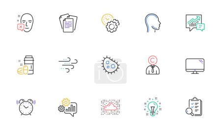 Illustration for Copyrighter, Computer and Documents line icons for website, printing. Collection of Alarm clock, Time management, Face declined icons. Medical drugs, Idea, Head web elements. Cogwheel. Vector - Royalty Free Image