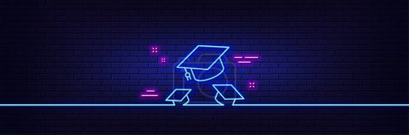 Illustration for Neon light glow effect. Graduation caps line icon. Education sign. Student hat symbol. 3d line neon glow icon. Brick wall banner. Throw hats outline. Vector - Royalty Free Image