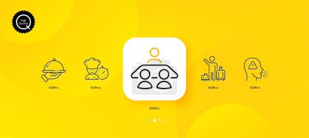 Illustration for Interview job, Cough and Airport transfer minimal line icons. Yellow abstract background. Restaurant food, Chef icons. For web, application, printing. Consulting, Flu symptom, Baggage reclaim. Vector - Royalty Free Image