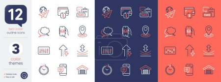 Illustration for Set of Resilience, Parking garage and Mail app line icons. Include Energy growing, Dj controller, Time icons. Wallet, Weather phone, Speech bubble web elements. Fake document. Vector - Royalty Free Image