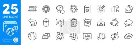 Illustration for Outline icons set. Outsourcing, Outsource work and Quick tips icons. Technical documentation, Vaccine announcement, Decreasing graph web elements. Face id, Favorite mail, Teamwork signs. Vector - Royalty Free Image