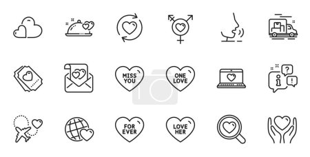 Illustration for Outline set of Genders, Friends world and Love letter line icons for web application. Talk, information, delivery truck outline icon. Include Love her, Hold heart, Miss you icons. Vector - Royalty Free Image