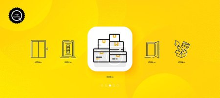 Illustration for Brush, Open door and Door minimal line icons. Yellow abstract background. Lift, Wholesale goods icons. For web, application, printing. Painter tools, Entrance, Elevator. Warehouse inventory. Vector - Royalty Free Image
