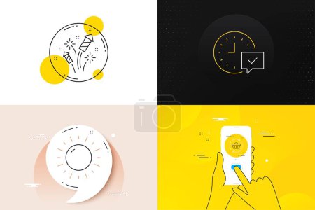 Illustration for Minimal set of Sunny weather, Select alarm and Fireworks rocket line icons. Phone screen, Quote banners. Refresh cart icons. For web development. Sun, Time symbol, Pyrotechnic salute. Vector - Royalty Free Image