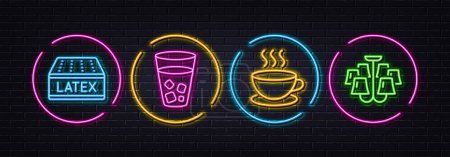 Illustration for Ice tea, Latex mattress and Cappuccino minimal line icons. Neon laser 3d lights. Chandelier icons. For web, application, printing. Soda beverage, Sleeping pad, Espresso cup. Ceiling light. Vector - Royalty Free Image