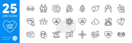 Illustration for Outline icons set. Love letter, Dating app and Love icons. Champagne glasses, Heart flame, Male female web elements. Friends couple, Care, Hold heart signs. For ever, Honeymoon cruise, Atom. Vector - Royalty Free Image