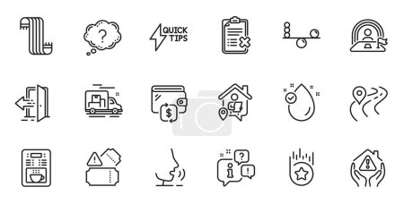 Illustration for Outline set of Question mark, Reject checklist and Lgbt line icons for web application. Talk, information, delivery truck outline icon. Include Tickets, House protection, Vitamin e icons. Vector - Royalty Free Image