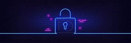 Illustration for Neon light glow effect. Lock line icon. Private locker sign. Password encryption symbol. 3d line neon glow icon. Brick wall banner. Lock outline. Vector - Royalty Free Image