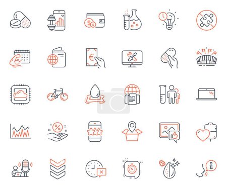 Illustration for Business icons set. Included icon as Like photo, Loan percent and Internet documents web elements. Water splash, Sports arena, Bicycle icons. Repair, Medical analyzes. Vector - Royalty Free Image