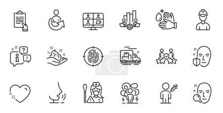 Illustration for Outline set of Face search, Fingerprint and Skin care line icons for web application. Talk, information, delivery truck outline icon. Vector - Royalty Free Image