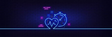 Illustration for Neon light glow effect. Cardio training timer line icon. Fat burning time sign. Gym fit heartbeat symbol. 3d line neon glow icon. Brick wall banner. Cardio training outline. Vector - Royalty Free Image