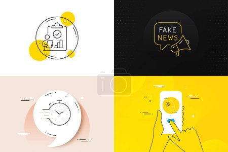 Illustration for Minimal set of Timer, Freezing water and Fake news line icons. Phone screen, Quote banners. Inspect icons. For web development. Deadline management, Freeze temperature, Wrong fact. Vector - Royalty Free Image