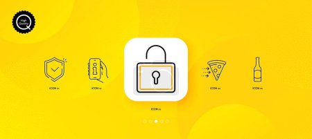 Beer, Lock and Food delivery minimal line icons. Yellow abstract background. Shield, Info app icons. For web, application, printing. Bar drink, Private locker, Piece of pizza. Safe secure. Vector