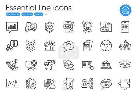 Illustration for Time management, Interview and Trophy line icons. Collection of Opinion, Difficult stress, Checklist icons. Currency rate, Eye detect, Read instruction web elements. Quick tips, Puzzle. Vector - Royalty Free Image