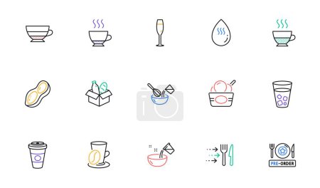 Illustration for Cooking water, Food donation and Pre-order food line icons for website, printing. Collection of Ice cream, Hot water, Ice tea icons. Cooking whisk, Coffee cup, Takeaway coffee web elements. Vector - Royalty Free Image