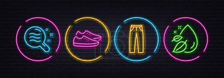 Illustration for Skin condition, Shoes and Pants minimal line icons. Neon laser 3d lights. Water drop icons. For web, application, printing. Search magnifier, Fashion footwear, Man trousers. Serum oil. Vector - Royalty Free Image