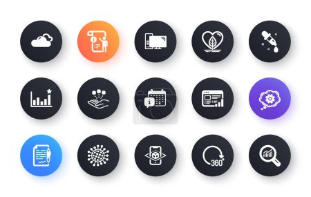 Illustration for Minimal set of Consolidation, Cloudy weather and Web report flat icons for web development. Coronavirus, Cogwheel, 360 degrees icons. Computer, Efficacy, Augmented reality web elements. Vector - Royalty Free Image