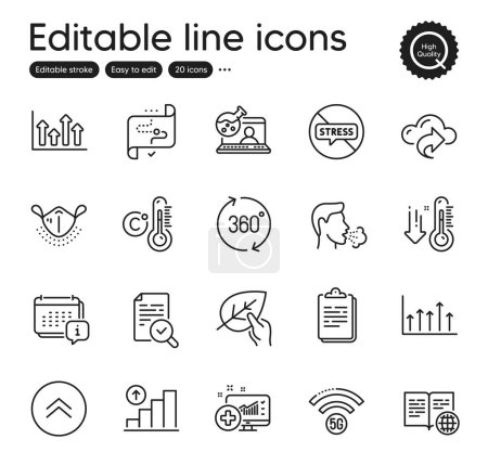 Illustration for Set of Science outline icons. Contains icons as Swipe up, Medical mask and Online chemistry elements. 360 degrees, Graph chart, Organic tested web signs. Calendar, Medical analytics. Vector - Royalty Free Image