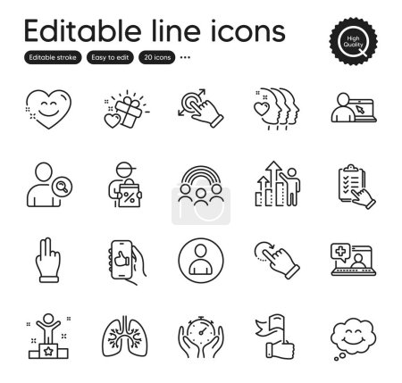 Set of People outline icons. Contains icons as Leadership, Smile chat and Employee results elements. Click hand, Online education, Friends couple web signs. Touchscreen gesture. Vector