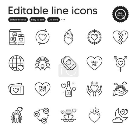 Illustration for Set of Love outline icons. Contains icons as Heart flame, Heart and Social media elements. Inclusion, Lgbt, Honeymoon cruise web signs. Genders, Call me, Update relationships elements. Vector - Royalty Free Image