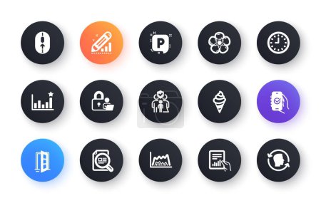 Illustration for Minimal set of Edit statistics, Open door and Efficacy flat icons for web development. Lock, Trade chart, Swipe up icons. Ice cream, Clock, Check article web elements. Approved app. Vector - Royalty Free Image