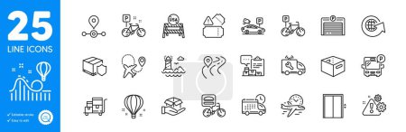 Illustration for Outline icons set. Hold box, Road and Usa close borders icons. Bus parking, Flight time, Lighthouse web elements. Warning, Parking security, Delivery signs. Tickets, Inventory report, Bike. Vector - Royalty Free Image