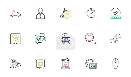 Illustration for Web photo, Rating stars and Cogwheel line icons for website, printing. Collection of Vip ticket, Timer, Loan percent icons. Cyber attack, Delegate work, Food delivery web elements. Human. Vector - Royalty Free Image