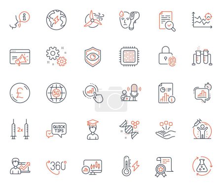 Illustration for Science icons set. Included icon as Consolidation, Windmill turbine and Eye detect web elements. Coronavirus vaccine, Candlestick chart, Certificate icons. Cpu processor. Vector - Royalty Free Image