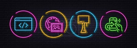 Illustration for Seo script, Web photo and Table lamp minimal line icons. Neon laser 3d lights. Share call icons. For web, application, printing. Programming, Image placeholder, Bedside lamp. Phone support. Vector - Royalty Free Image
