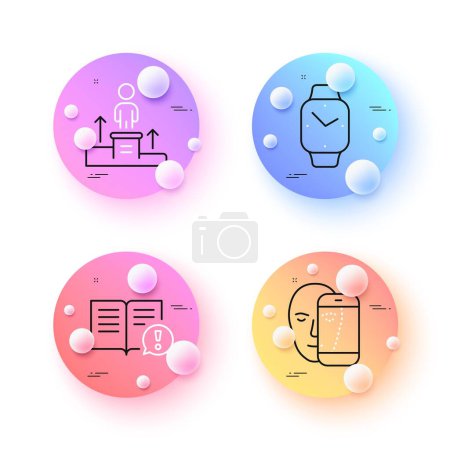 Illustration for Smartwatch, Business podium and Facts minimal line icons. 3d spheres or balls buttons. Face biometrics icons. For web, application, printing. Digital time, Nomination, Important information. Vector - Royalty Free Image