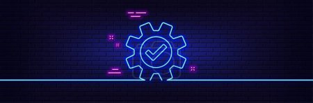 Illustration for Neon light glow effect. Cogwheel line icon. Approved Service sign. Transmission Rotation Mechanism symbol. 3d line neon glow icon. Brick wall banner. Service outline. Vector - Royalty Free Image