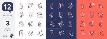 Illustration for Set of Vacancy, Startup rocket and Swipe up line icons. Include Shoulder strap, Bitcoin project, Phone payment icons. Collagen skin, Credit card, Smartphone repair web elements. Vector - Royalty Free Image