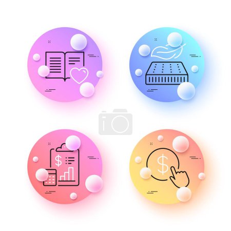 Illustration for Lightweight mattress, Buy currency and Love book minimal line icons. 3d spheres or balls buttons. Report icons. For web, application, printing. Sleeping pad, Money exchange, Customer feedback. Vector - Royalty Free Image