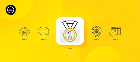 Illustration for File storage, Best rank and Chat minimal line icons. Yellow abstract background. Justice scales, Calendar time icons. For web, application, printing. Vector - Royalty Free Image