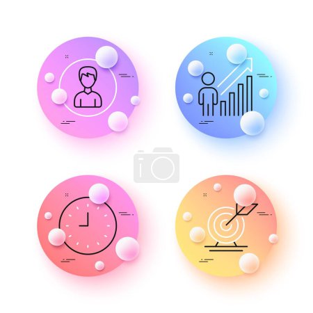 Illustration for Target goal, Employee result and Clock minimal line icons. 3d spheres or balls buttons. Person icons. For web, application, printing. Successful business, Business growth, Time or watch. Vector - Royalty Free Image