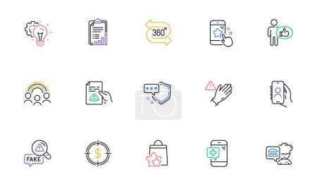 Illustration for Idea gear, Inclusion and Chef line icons for website, printing. Collection of Checklist, Dollar target, Use gloves icons. Medical phone, 360 degree, Loyalty points web elements. Vector - Royalty Free Image