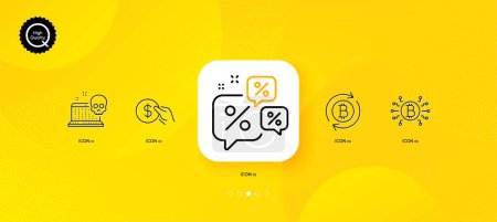Ilustración de Pago, Actualizar bitcoin y descuentos de chat iconos de línea mínima. Fondo abstracto amarillo. Ciberataque, iconos del sistema Bitcoin. Para web, aplicación, impresión. Vector - Imagen libre de derechos