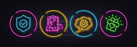 Illustration for Cogwheel, Security shield and Prescription drugs minimal line icons. Neon laser 3d lights. Love gift icons. For web, application, printing. Engineering tool, Cyber protection, Pills. Vector - Royalty Free Image