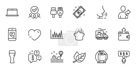 Illustration for Outline set of Line graph, Laptop and Approved group line icons for web application. Talk, information, delivery truck outline icon. Include Wallet, Employee benefits, Leaf icons. Vector - Royalty Free Image