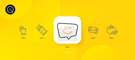 Ilustración de Gestos de pantalla táctil, Tomate y Smile enfrentan iconos de línea mínimos. Fondo abstracto amarillo. Actualizar correo, iconos flash Usb. Para web, aplicación, impresión. Deslízate, verdura fresca, charla. Vector - Imagen libre de derechos