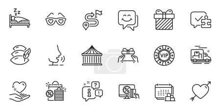 Outline set of Love glasses, Carousels and Sleep line icons for web application. Talk, information, delivery truck outline icon. Include Shopping bags, Delivery, Journey icons. Vector