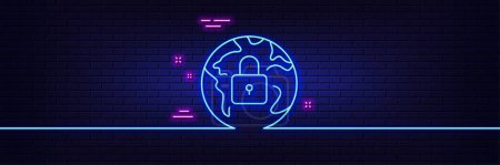Illustration for Neon light glow effect. Lock line icon. Internet protection sign. Web security padlock symbol. 3d line neon glow icon. Brick wall banner. Lock outline. Vector - Royalty Free Image