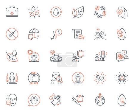 Illustration for Healthcare icons set. Included icon as Face accepted, Recovered person and Organic tested web elements. Pandemic vaccine, Moisturizing cream, Cold-pressed oil icons. Toilet paper. Vector - Royalty Free Image