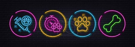 Illustration for Pet friendly, Dog competition and Dog vaccination minimal line icons. Neon laser 3d lights. For web, application, printing. Pets activities, Pets medicine. Neon lights buttons. Vector - Royalty Free Image