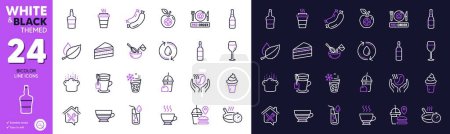 Illustration for Medical food, Beer bottle and Water glass line icons for website, printing. Collection of Cake, Cooking whisk, Scotch bottle icons. Espresso, Food delivery, Frying pan web elements. Vector - Royalty Free Image