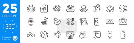 Illustration for Outline icons set. Currency exchange, Bacteria and Wallet icons. Voice wave, Loan percent, Scroll down web elements. Best chef, 360 degrees, Food app signs. Vip mail, Wifi, Money currency. Vector - Royalty Free Image