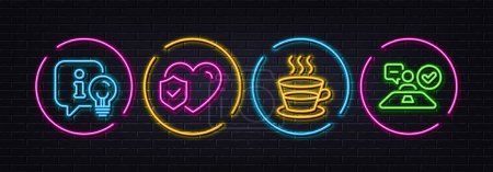 Illustration for Life insurance, Lamp and Coffee cup minimal line icons. Neon laser 3d lights. Job interview icons. For web, application, printing. Risk coverage, Idea light, Tea mug. Accepted worker. Vector - Royalty Free Image