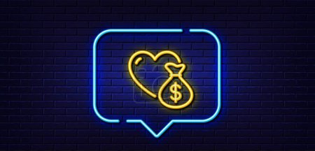 Illustration for Neon light speech bubble. Donation line icon. Money charity sign. Health insurance symbol. Neon light background. Donation glow line. Brick wall banner. Vector - Royalty Free Image